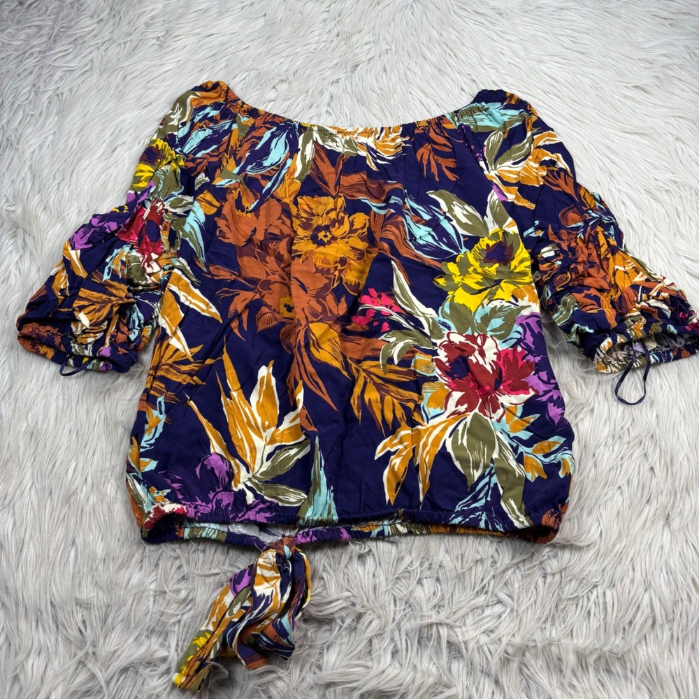 Vince Camuto Women's M Navy Multi Tropical Palm Tie Hem Blouse Resort Cabana